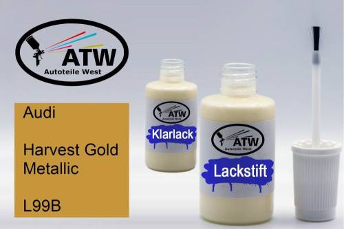 Audi, Harvest Gold Metallic, L99B: 20ml Lackstift + 20ml Klarlack - Set, von ATW Autoteile West.